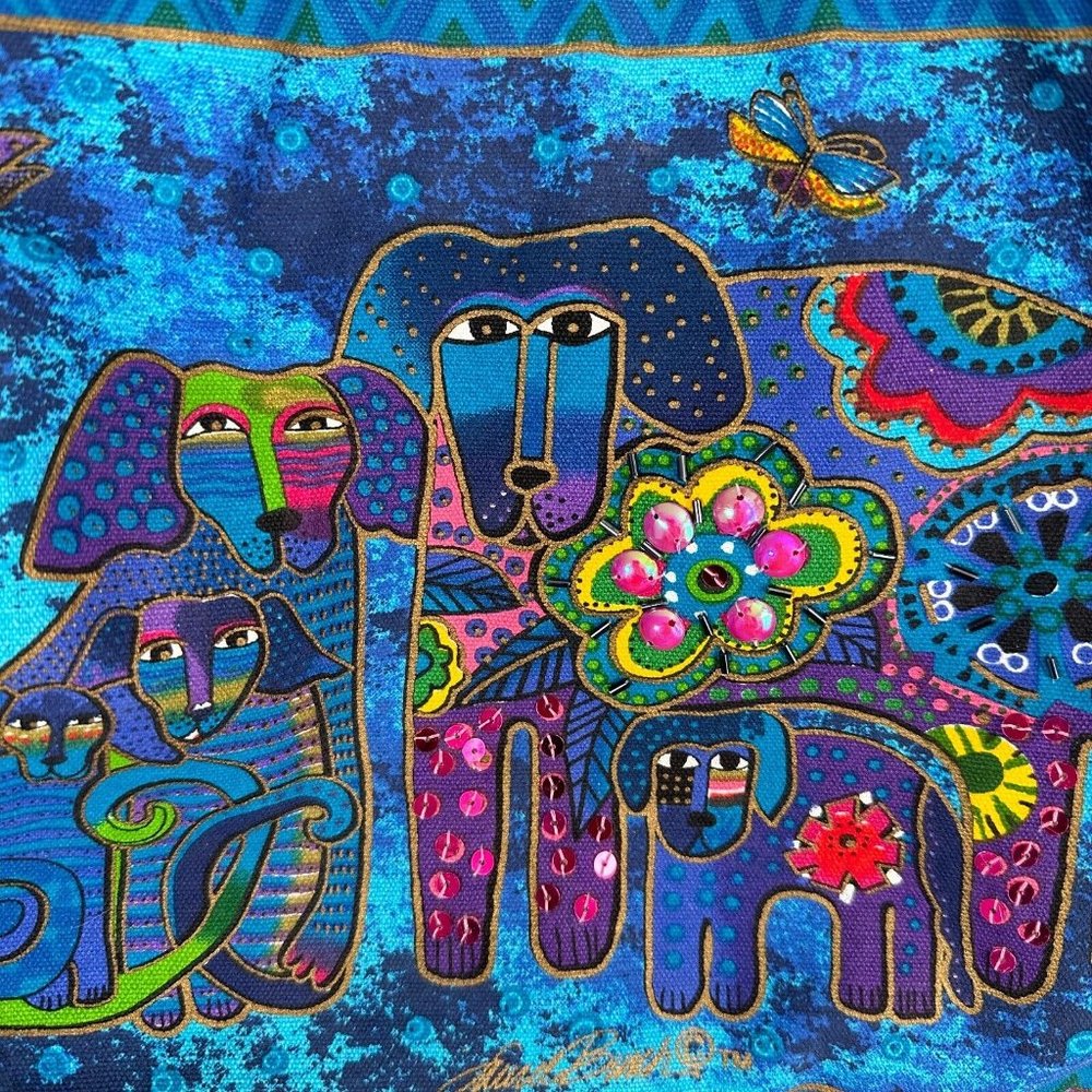 Laurel Burch Purse Shoulder Bag Colorful Vibrant Blue Dogs Sequins Canvas Tote - Picture 2 of 16